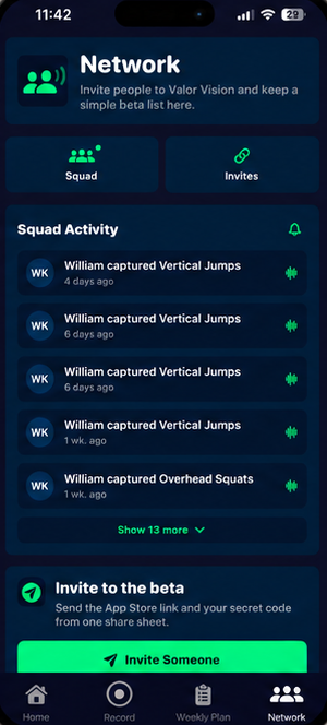 Valor athlete app network tab: squad activity feed of captured jumps and squats, with beta invites