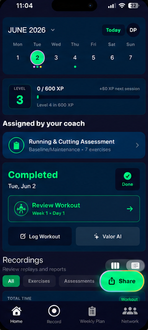 Valor athlete app home: June calendar, Level 3 badge with an XP bar toward level 4, and an assessment assigned by the coach